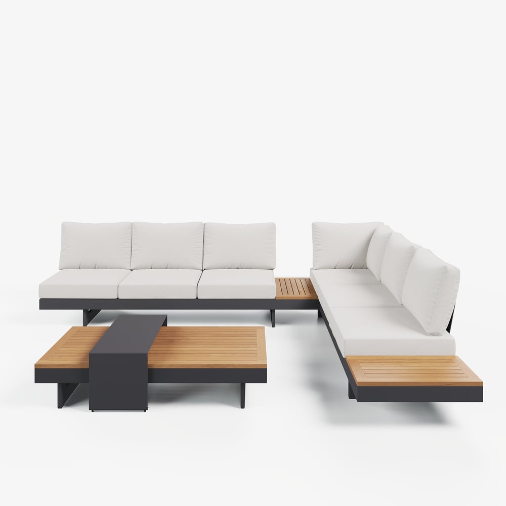 6-seater beige aluminium and teak corner sofa set with recline function and fire pit window image