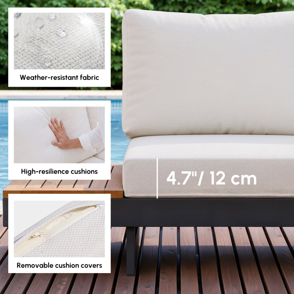 6-seater beige aluminium and teak corner sofa set with recline function and fire pit window image