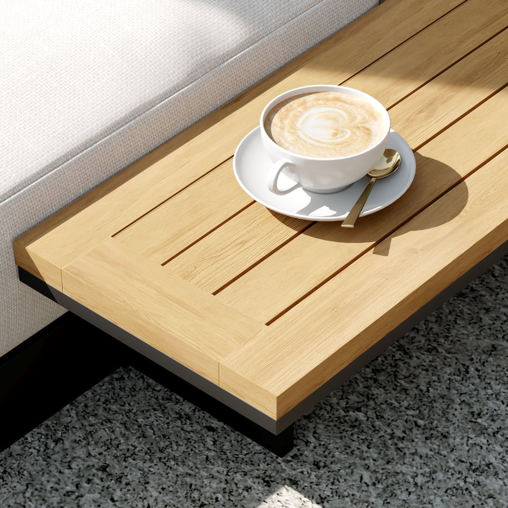 Tuinligstoel, terrasmeubelen van hout en aluminium, beige kussen, 2-delige set Vensterafbeelding