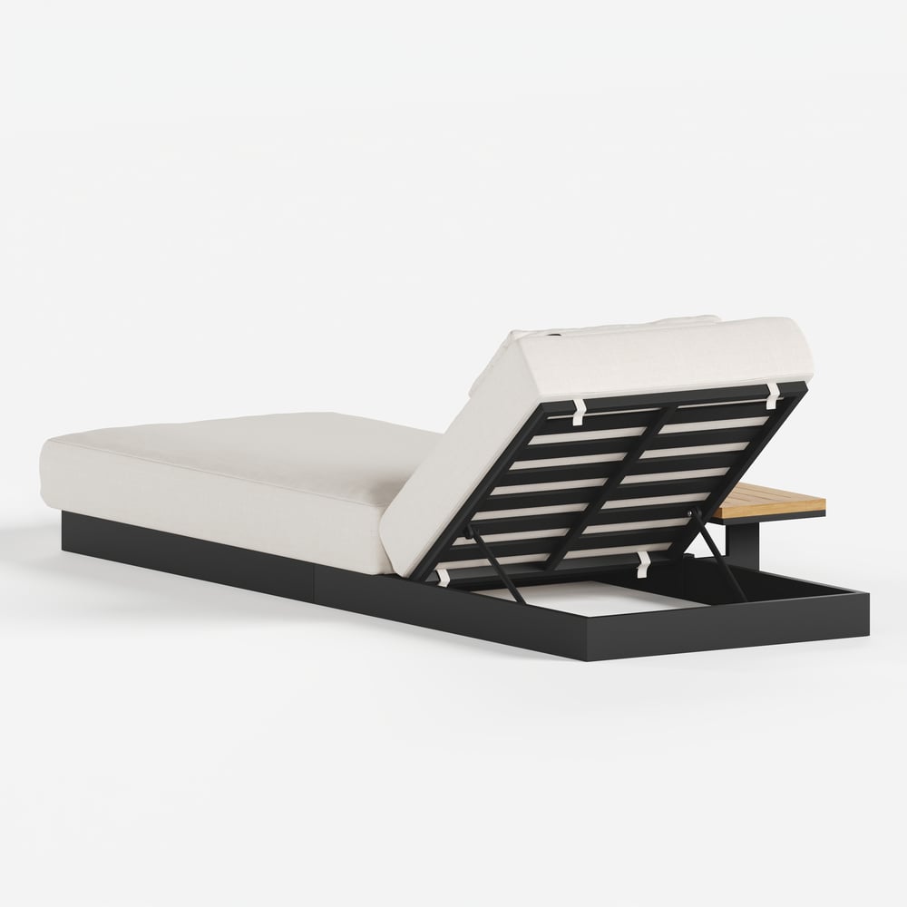 Tuinligstoel, terrasmeubelen van hout en aluminium, beige kussen, 2-delige set Vensterafbeelding