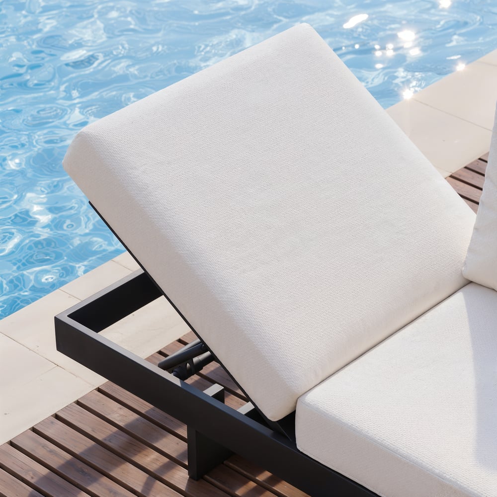 6-seater beige aluminium and teak corner sofa set with recline function and fire pit window image