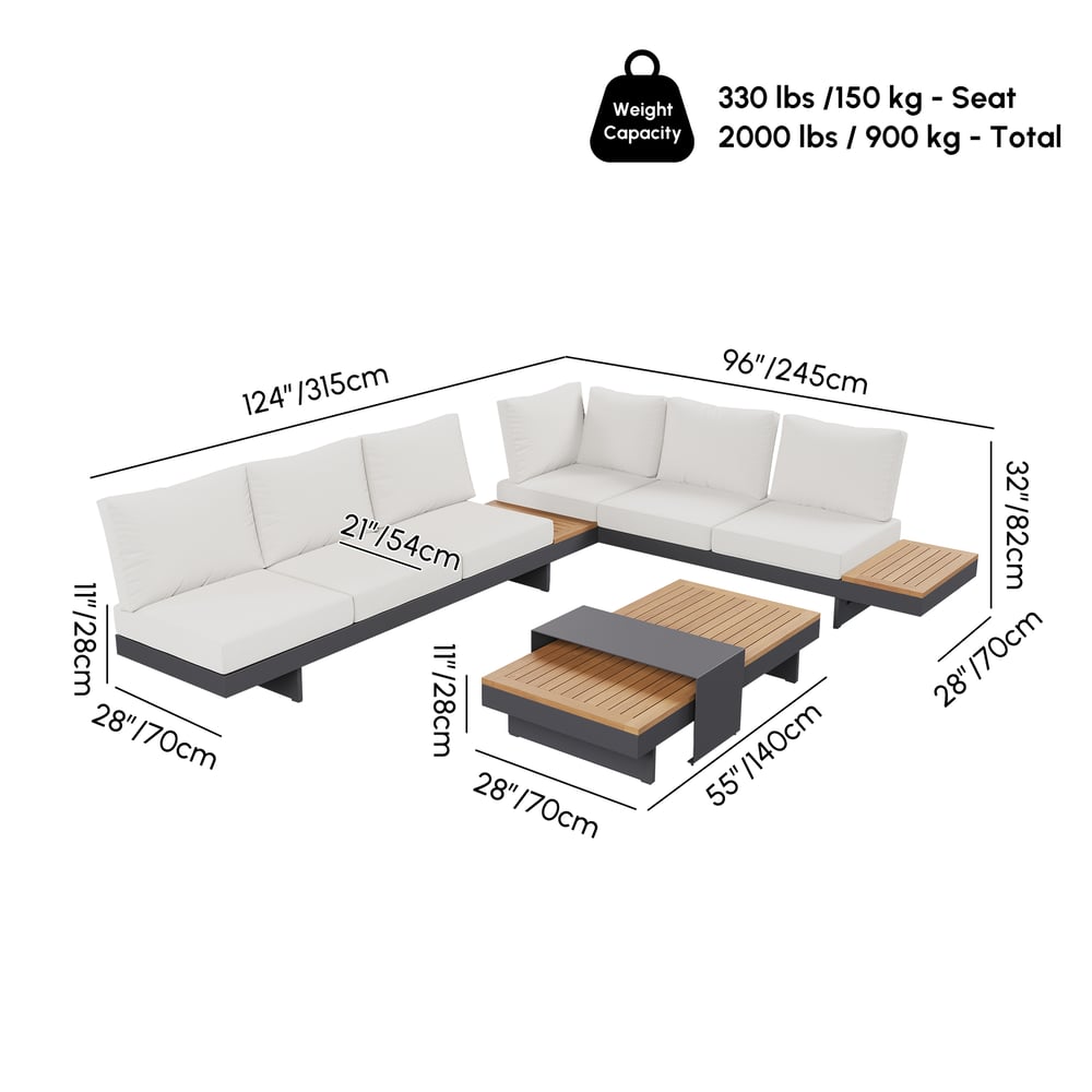 6-seater beige aluminium and teak corner sofa set with recline function and fire pit weights dimensions image