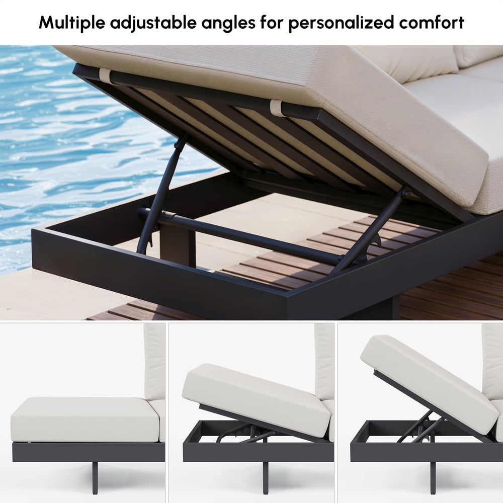 6-seater beige aluminium and teak corner sofa set with recline function and fire pit window image