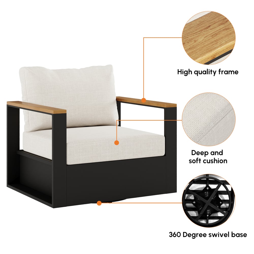 Fauteuil de jardin pivotant Tevara en bois de teck et aluminium avec coussin - ivoire image de fenêtre