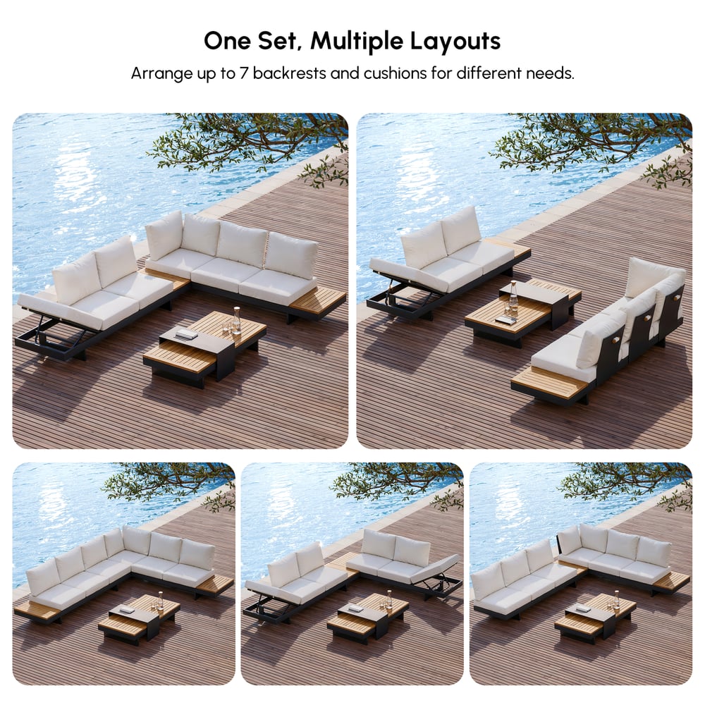 6-seater beige aluminium and teak corner sofa set with recline function and fire pit window image