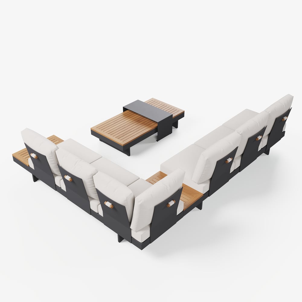 6-seater beige aluminium and teak corner sofa set with recline function and fire pit window image