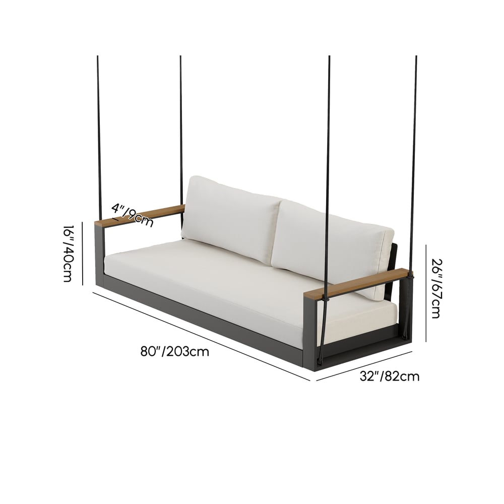 Tevara Závěsné denní lůžko z béžového hliníku s polštářem pro venkovní použití váhy a rozměry obrázku