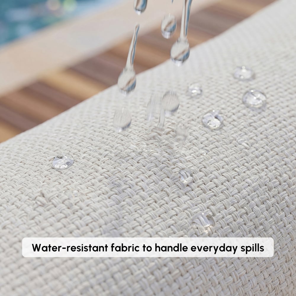 6-seater beige aluminium and teak corner sofa set with recline function and fire pit window image