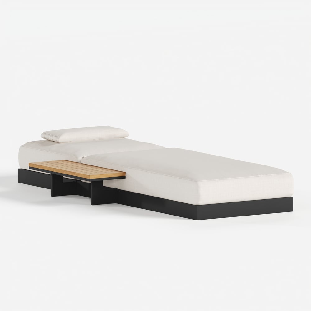 Tuinligstoel, terrasmeubelen van hout en aluminium, beige kussen, 2-delige set Vensterafbeelding