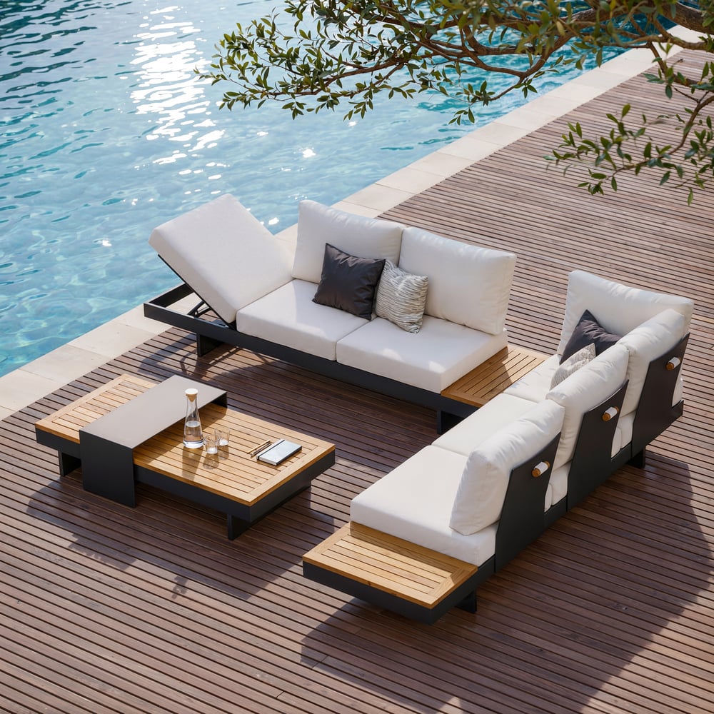 6-seater beige aluminium and teak corner sofa set with recline function and fire pit window image