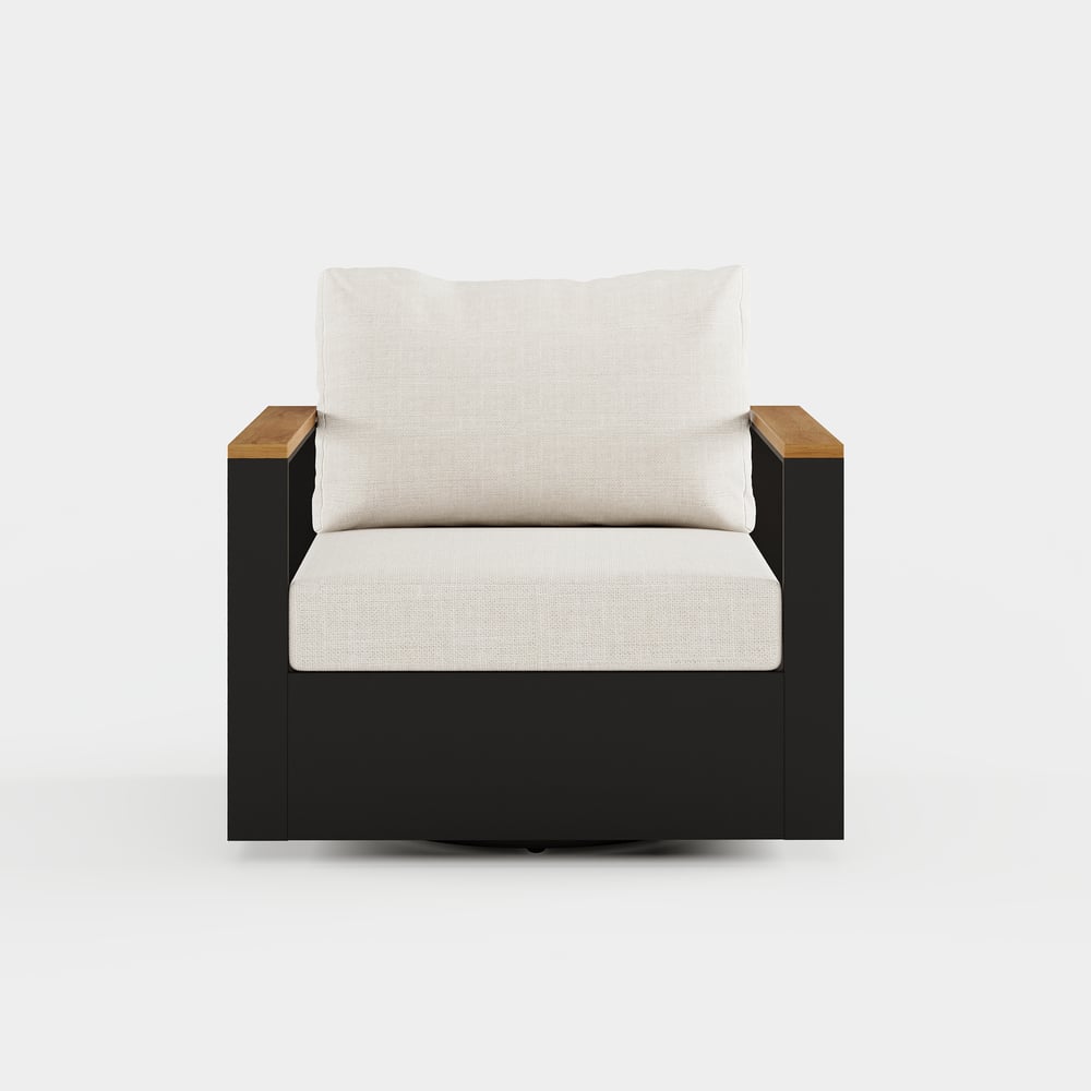 Fauteuil de jardin pivotant Tevara en bois de teck et aluminium avec coussin - ivoire image de fenêtre