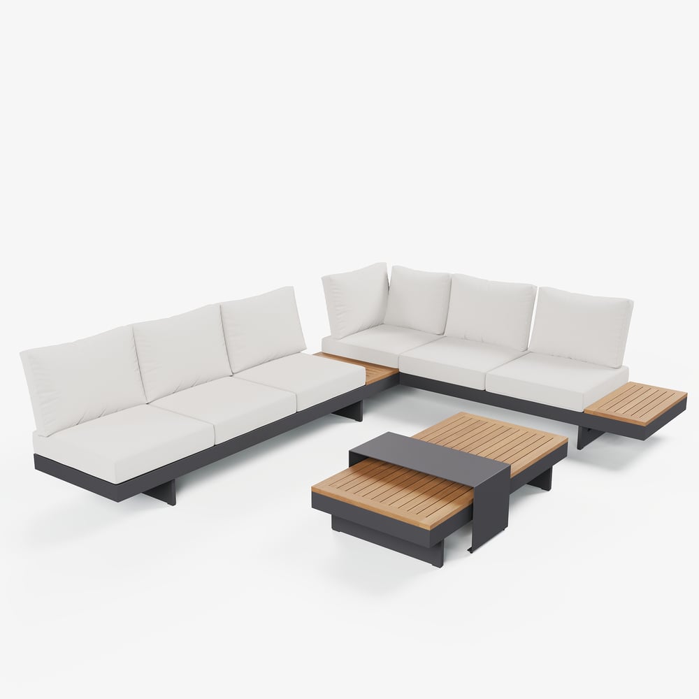 6-seater beige aluminium and teak corner sofa set with recline function and fire pit window image