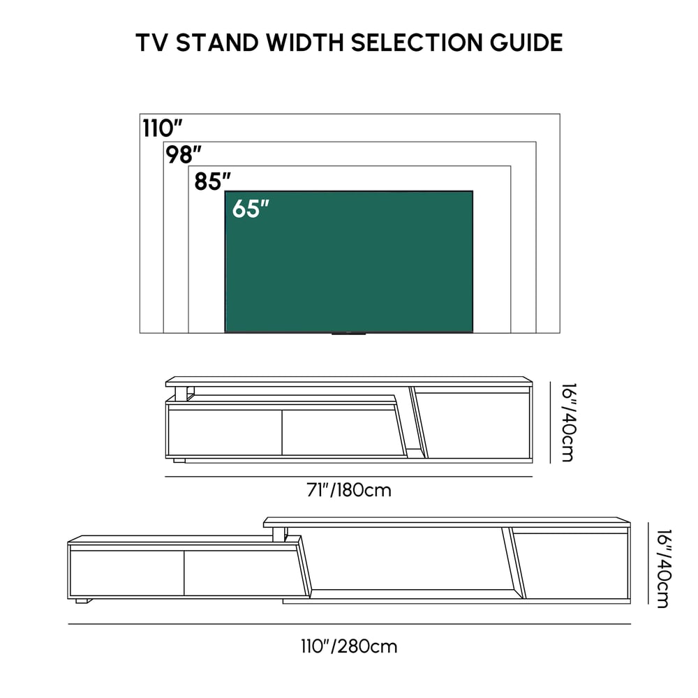 Fero 71"-110" Extendable TV Stand with 3 Drawers weights dimensions image
