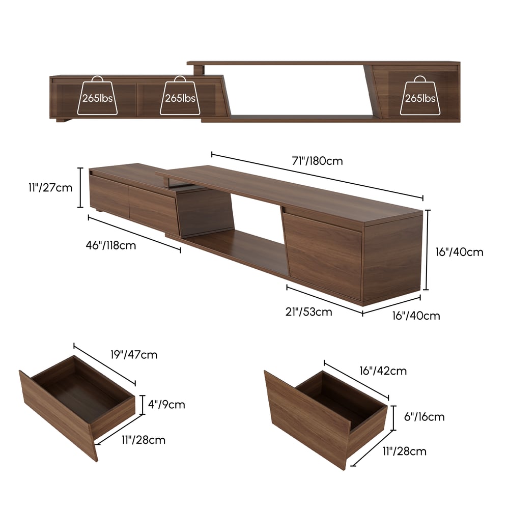 Fero 71"-110" Extendable TV Stand with 3 Drawers weights dimensions image