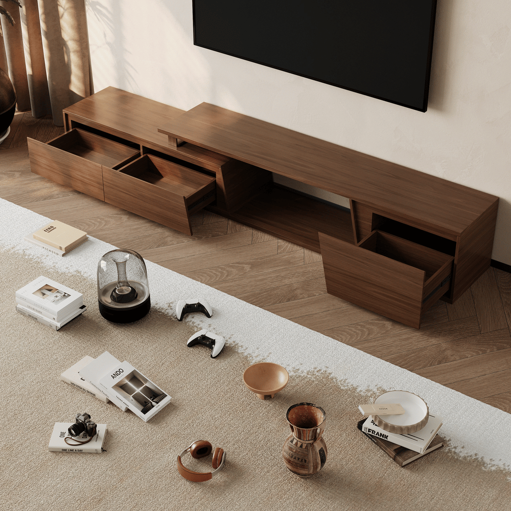 Fero 71"-110" Extendable TV Stand with 3 Drawers window image
