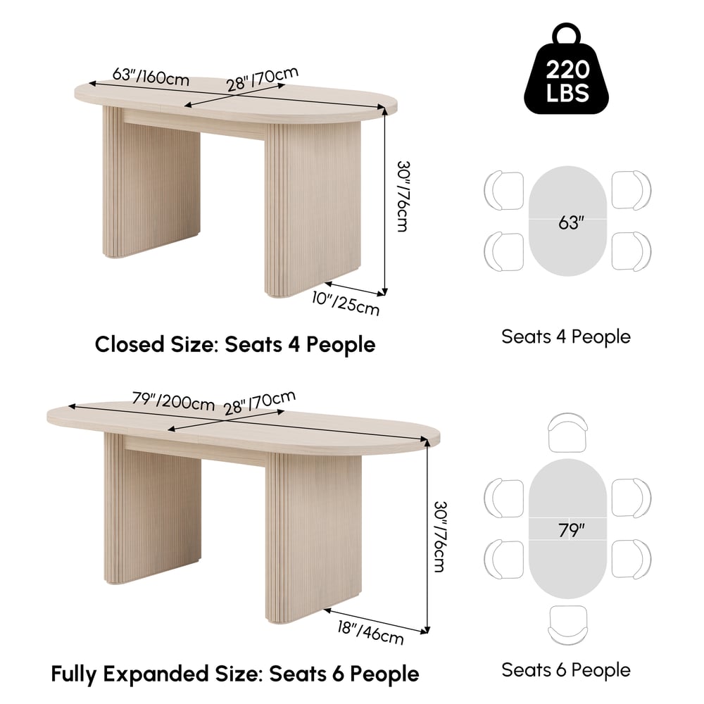 Fluve 63"-79" Extendable Oval Whitewash Dining Table, Seats 4-6 weights dimensions image