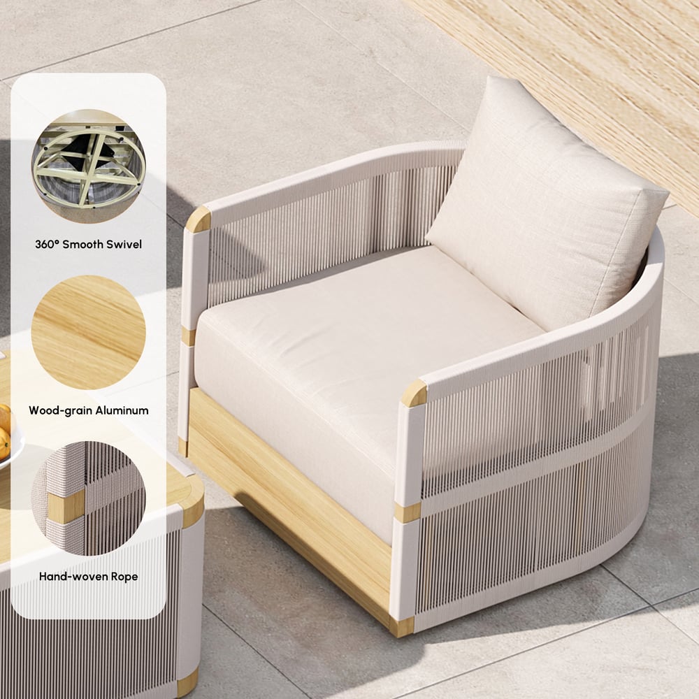 4-Piece Outdoor Rope Weave Swivel Sofa Set with Coffee Table in Ivory for 6 window image