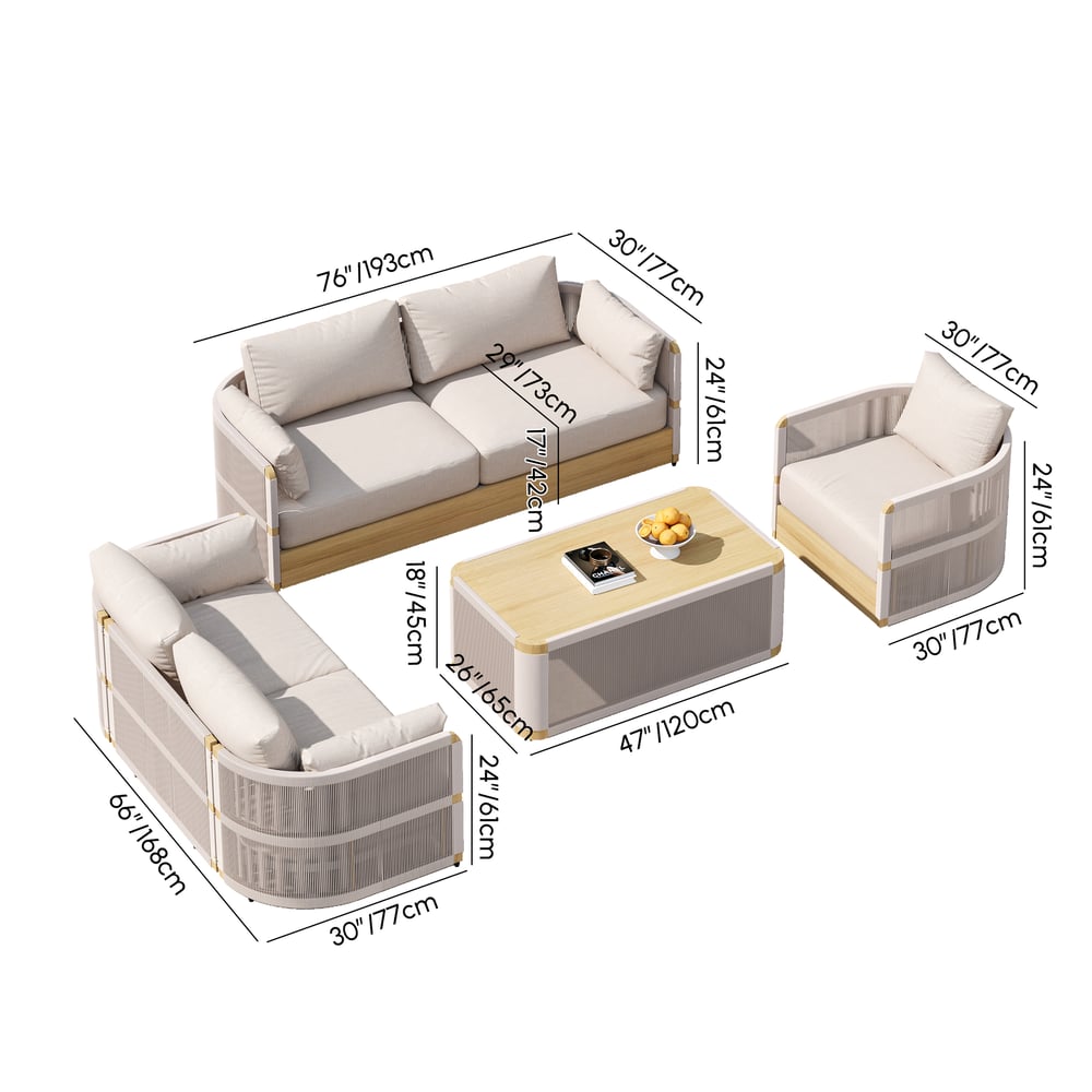 4-Piece Outdoor Rope Weave Swivel Sofa Set with Coffee Table in Ivory for 6 weights dimensions image