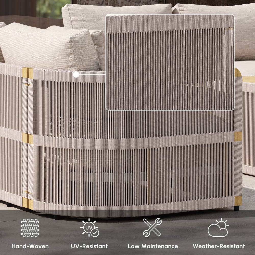 4-Piece Outdoor Rope Weave Swivel Sofa Set with Coffee Table in Ivory for 6 window image