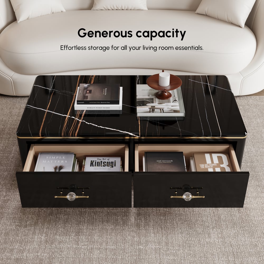 Modern 51" Black Marble Coffee Table with 4 Drawers window image
