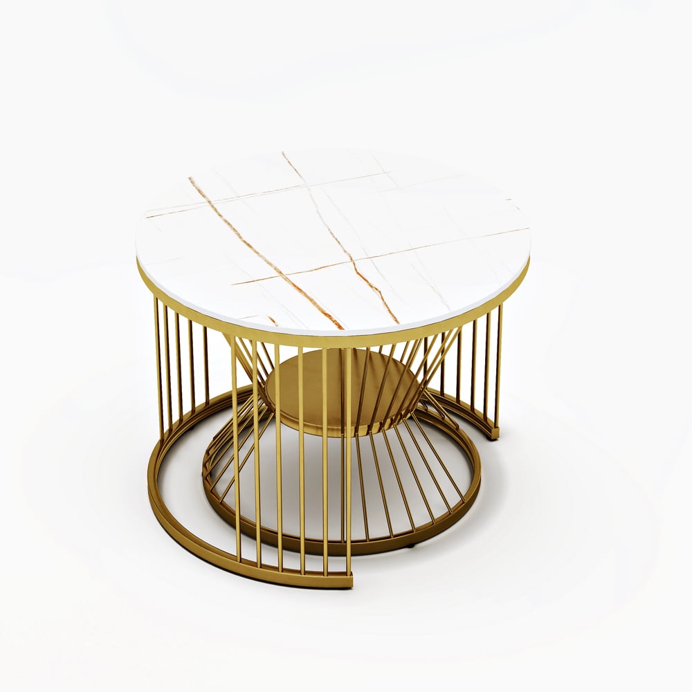 Ensemble de 2 tables basses gigognes rondes modernes blanches avec plateau en pierre frittée image de fenêtre