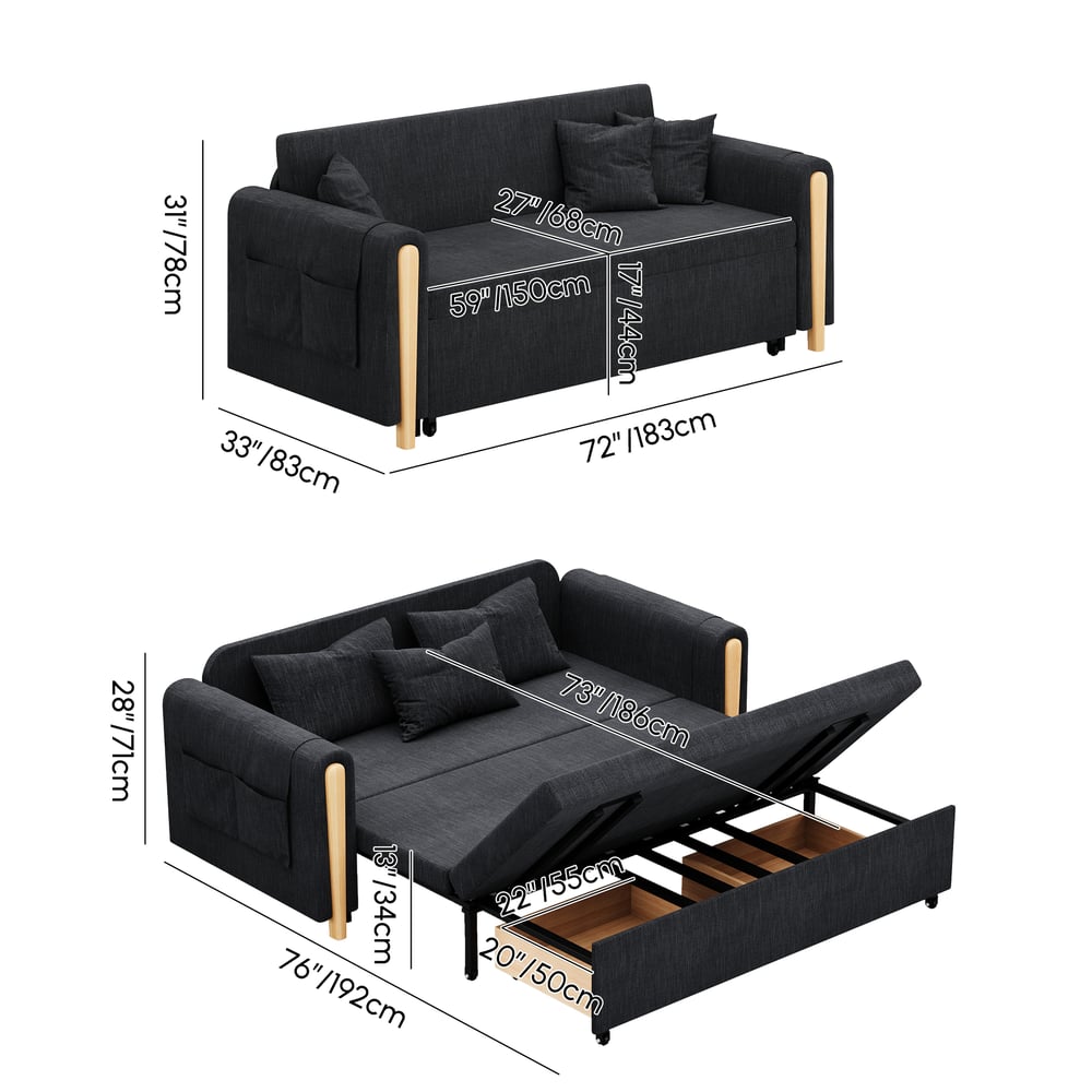 Canapé-lit convertible 2 places en lin, 183 cm Poids, dimensions, image