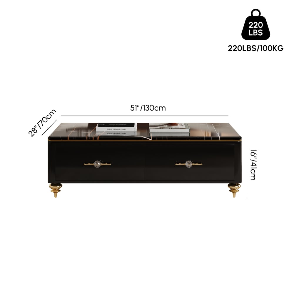 Modern 51" Black Marble Coffee Table with 4 Drawers weights dimensions image