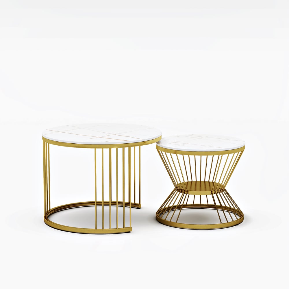 Ensemble de 2 tables basses gigognes rondes modernes blanches avec plateau en pierre frittée image de fenêtre