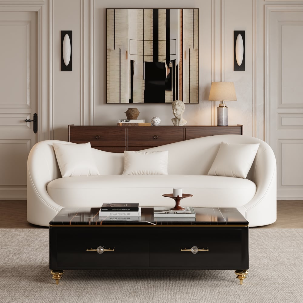Modern 51" Black Marble Coffee Table with 4 Drawers window image