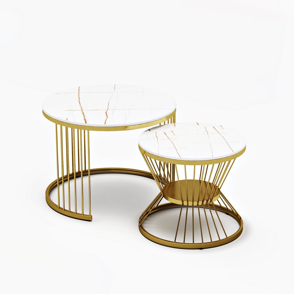 Ensemble de 2 tables basses gigognes rondes modernes blanches avec plateau en pierre frittée image de fenêtre