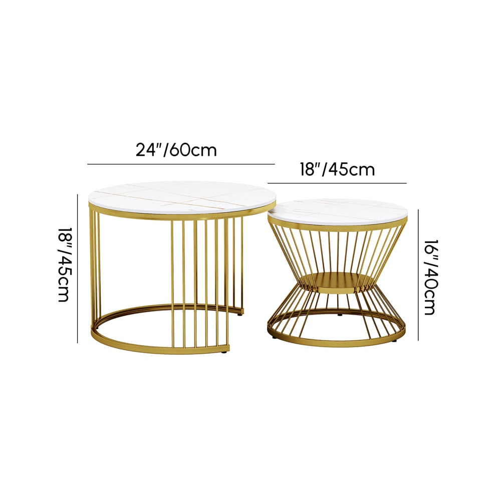Ensemble de 2 tables basses gigognes rondes modernes blanches avec plateau en pierre frittée Poids, dimensions, image