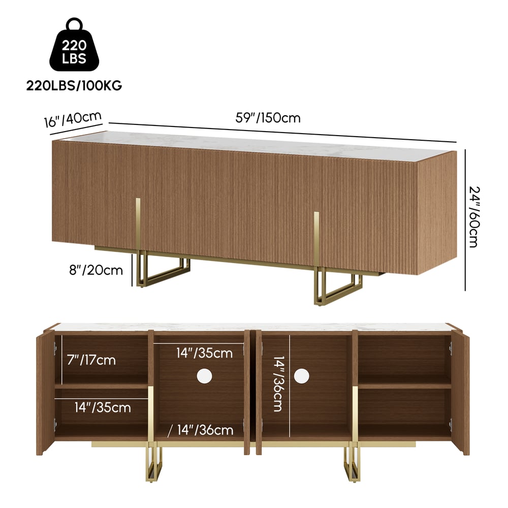 Grovyn 59" Sintered Stone Top Fluted TV Stand with Spacious Cabinets weights dimensions image