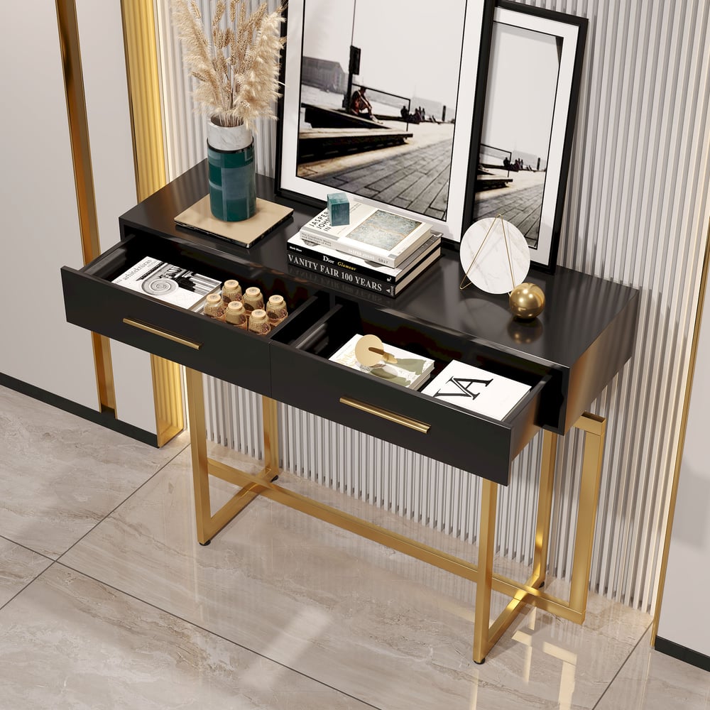 Console d'entrée Noir avec Tiroirs et Pieds en Métal image de fenêtre