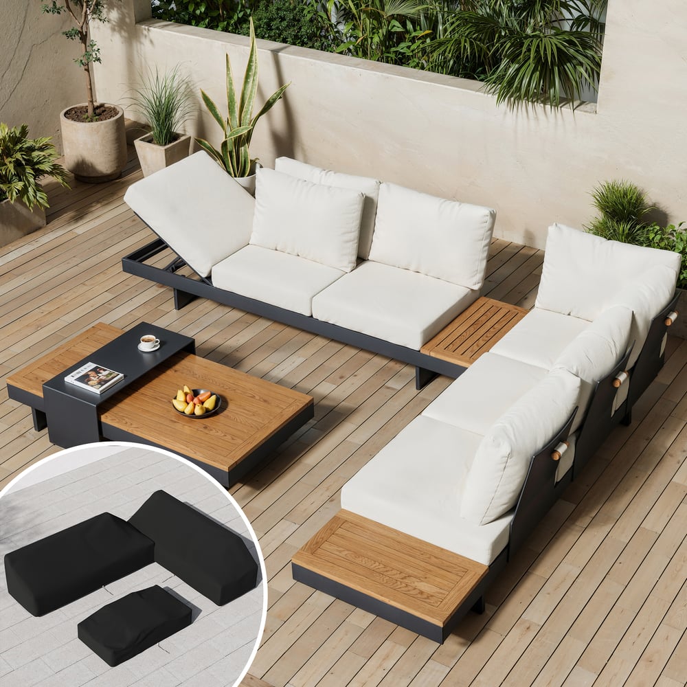 Tevara ensemble de mobilier de salon modulaire en 4 pièces en teck et aluminium couleur ivoire avec housse de protection noire, 6 personnes image de fenêtre