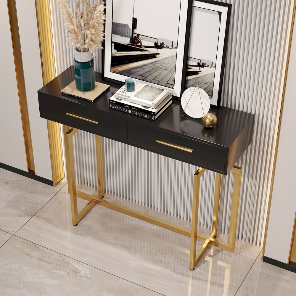 Console d'entrée Noir avec Tiroirs et Pieds en Métal image de fenêtre