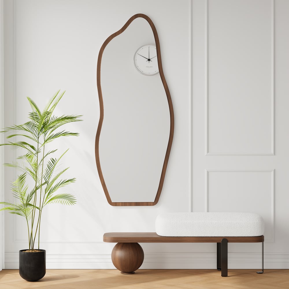Houten bank in zwart en notenhout bekleed met abstracte metalen poten Vensterafbeelding
