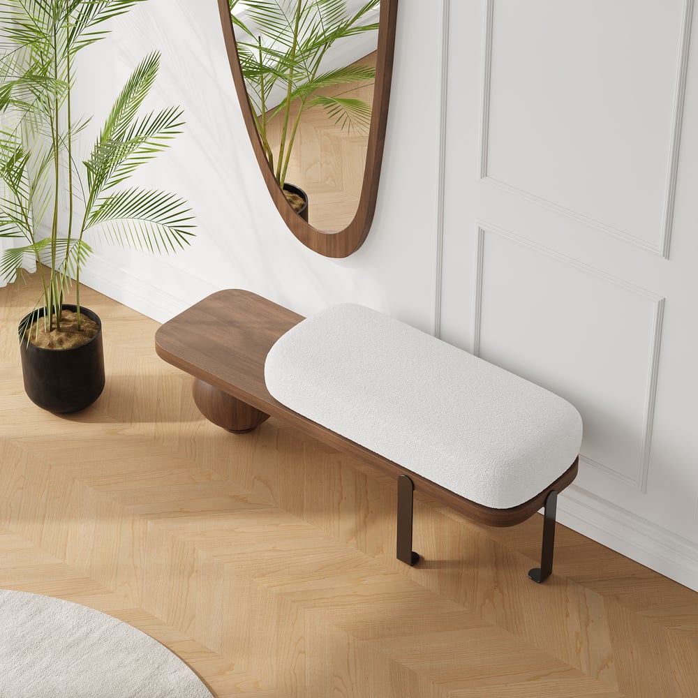 Houten bank in zwart en notenhout bekleed met abstracte metalen poten Vensterafbeelding