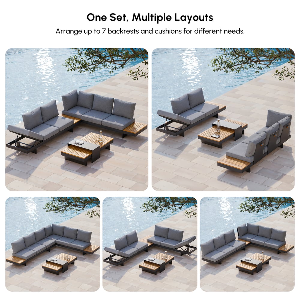 Tevara 5-Pieces Modular Teak Outdoor Sofa Set with Smokeless Fire Pit for 6 Person in Gray window image
