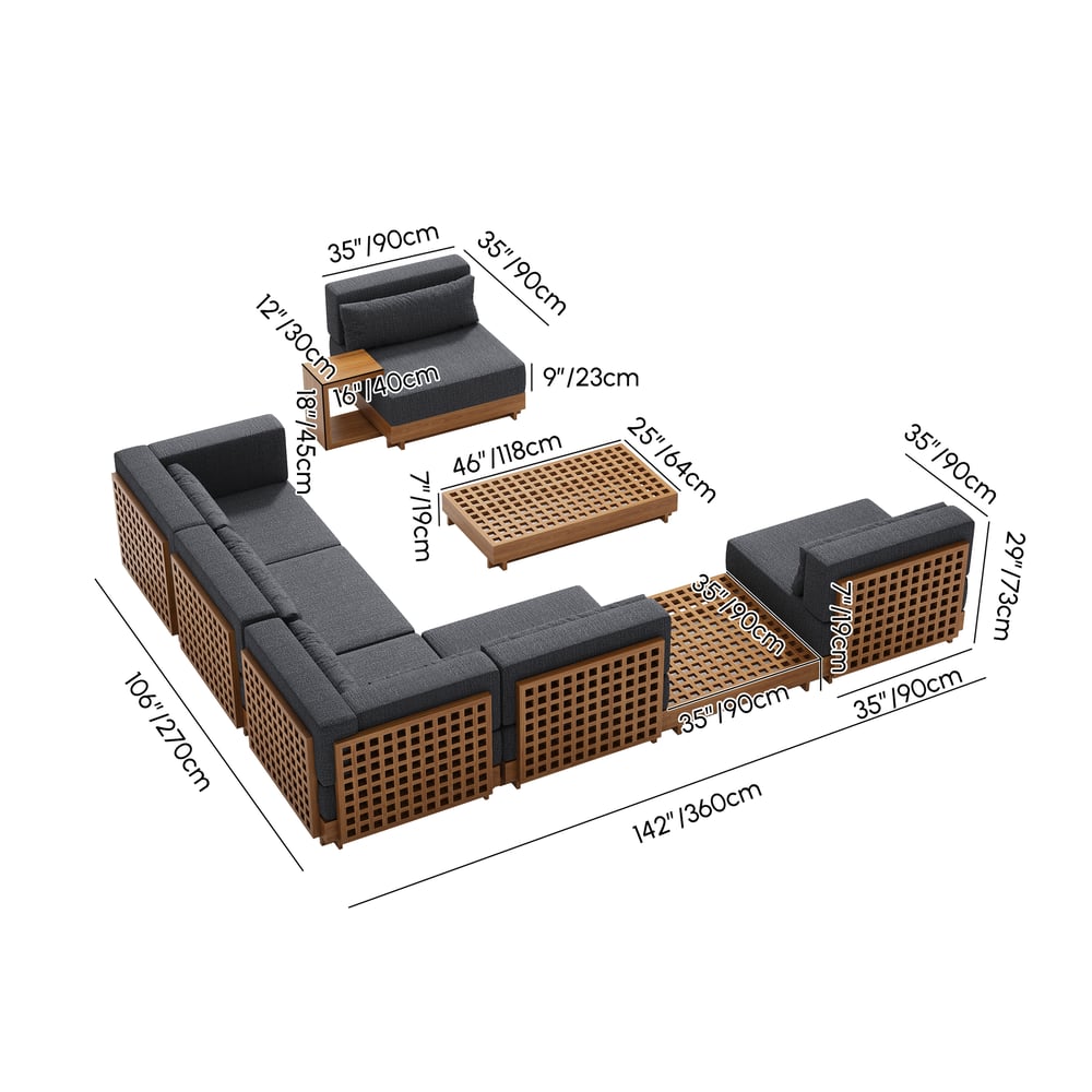 Grida 9-Piece Outdoor Teak Modular Sectional Sofa Set with Coffee Table in Gray weights dimensions image
