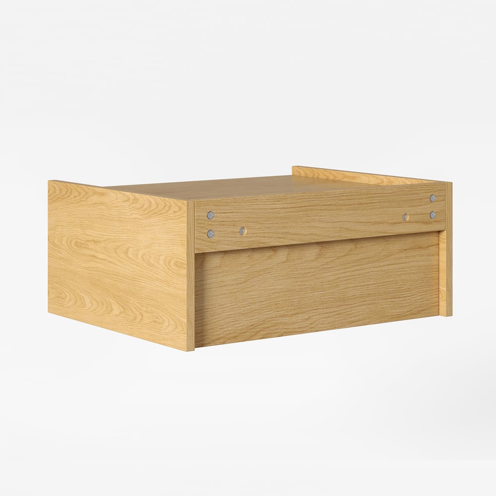 Comodino galleggiante in legno a 1 cassetto con luce e stazione di ricarica Immagine della finestra