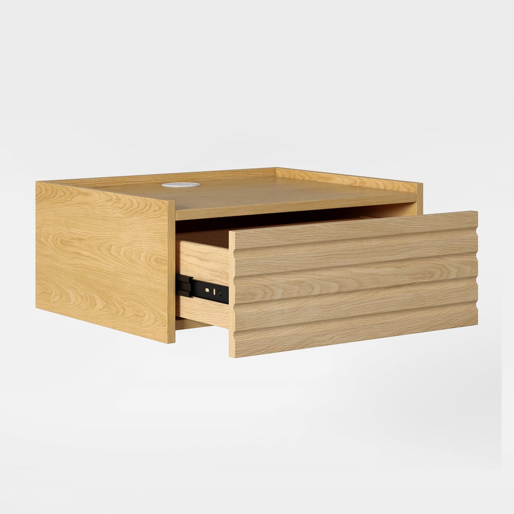 Comodino galleggiante in legno a 1 cassetto con luce e stazione di ricarica Immagine della finestra