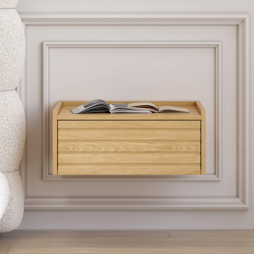 Comodino galleggiante in legno a 1 cassetto con luce e stazione di ricarica Immagine della finestra