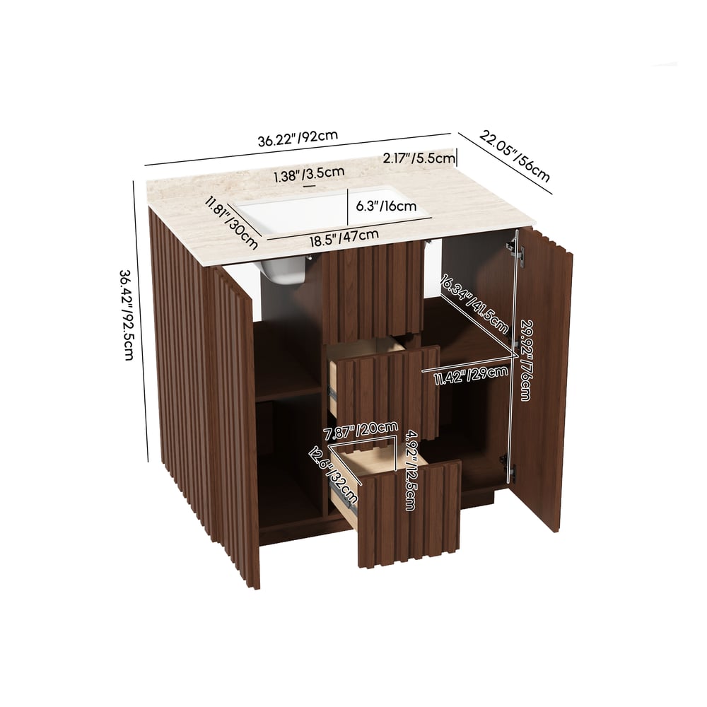 Meuble-lavabo de salle de bain autoportant cannelé Aura de 91,4 cm avec évier et lumière Poids, dimensions, image