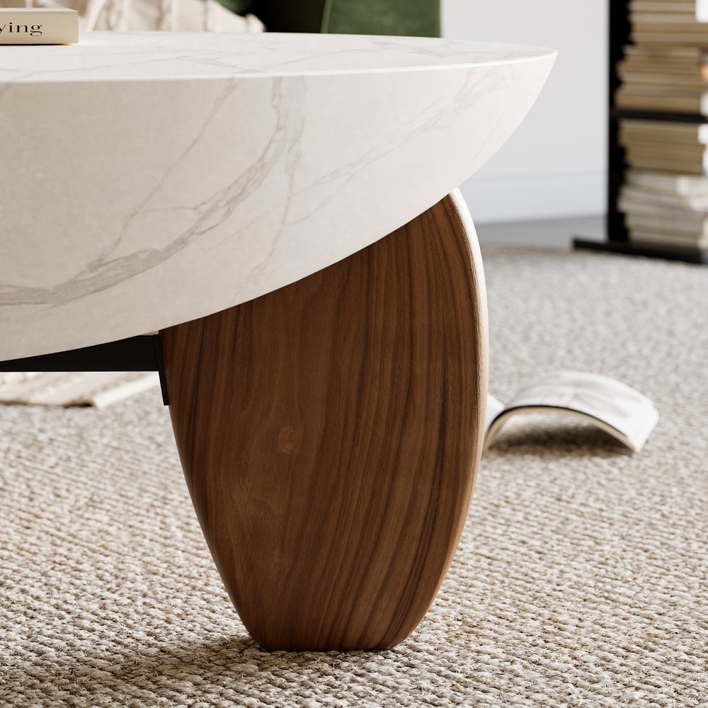 Curva 37" Round Concrete Walnut Coffee Table with Wood Legs window image