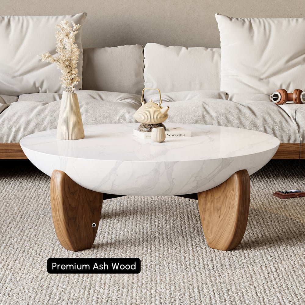 Curva 37" Round Concrete Walnut Coffee Table with Wood Legs window image
