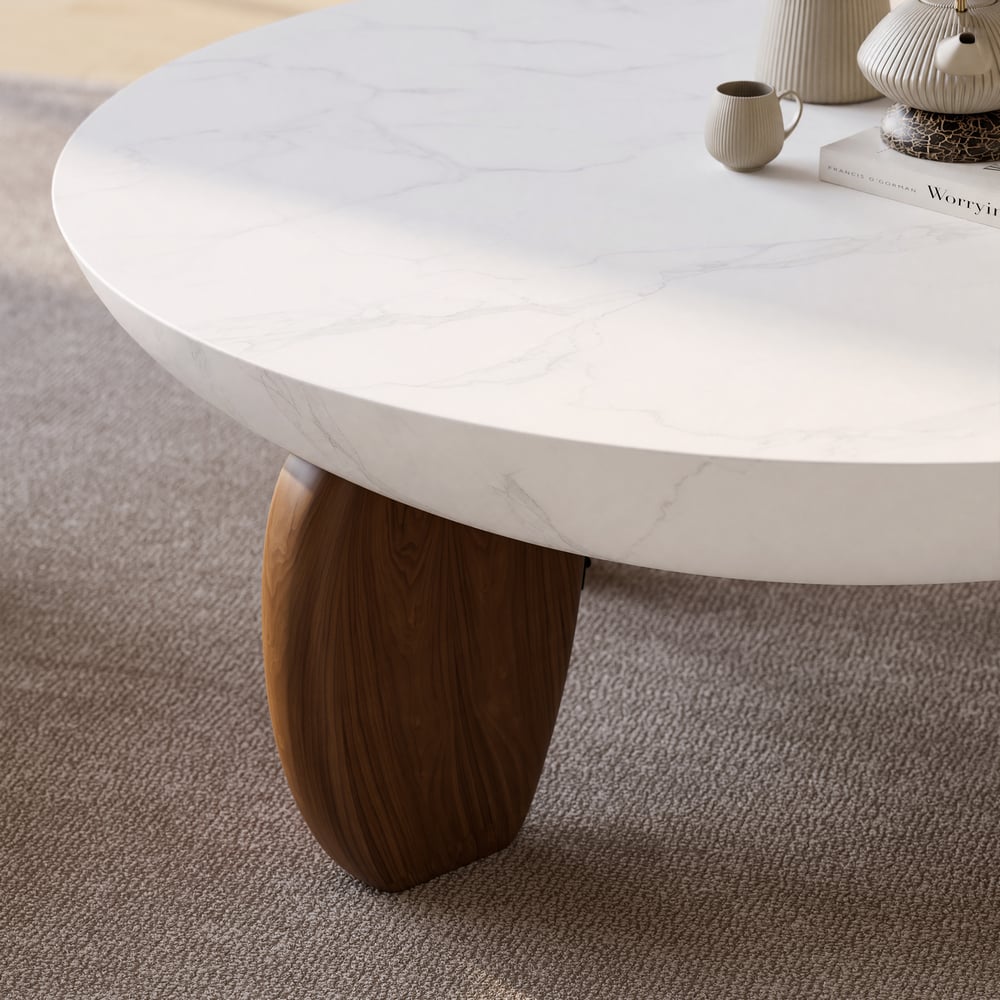 Curva 37" Round Concrete Walnut Coffee Table with Wood Legs window image