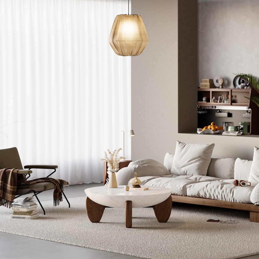Curva 37" Round Concrete Walnut Coffee Table with Wood Legs window image