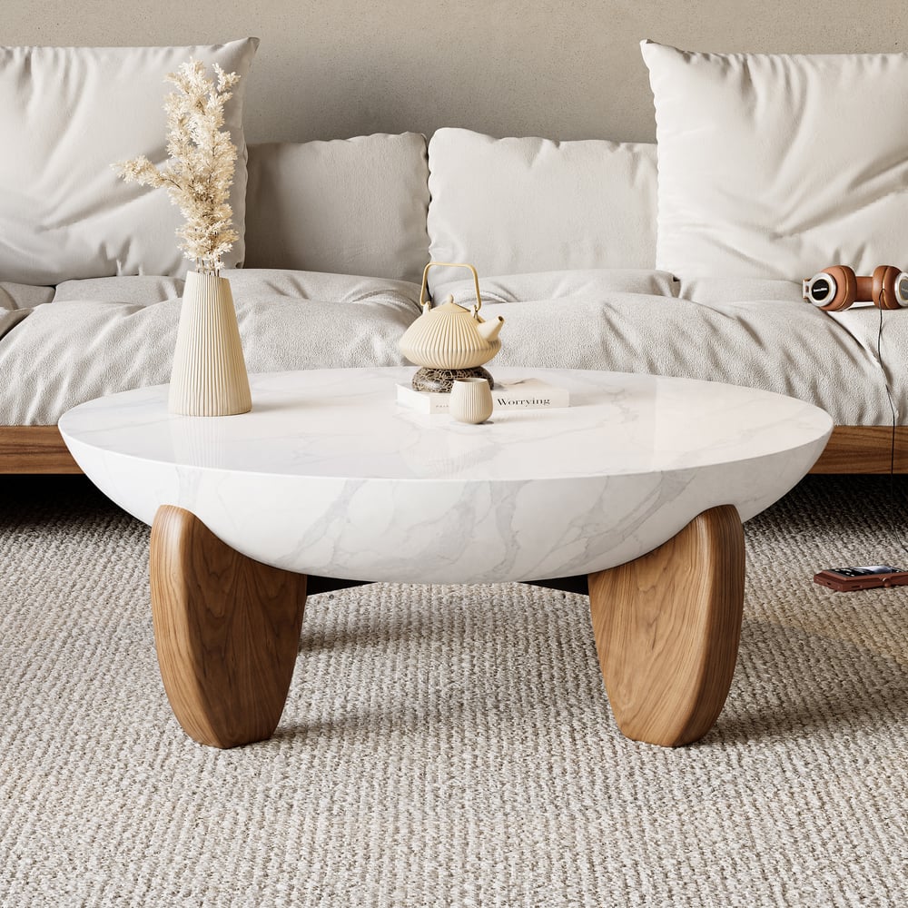 Curva 37" Round Concrete Walnut Coffee Table with Wood Legs window image