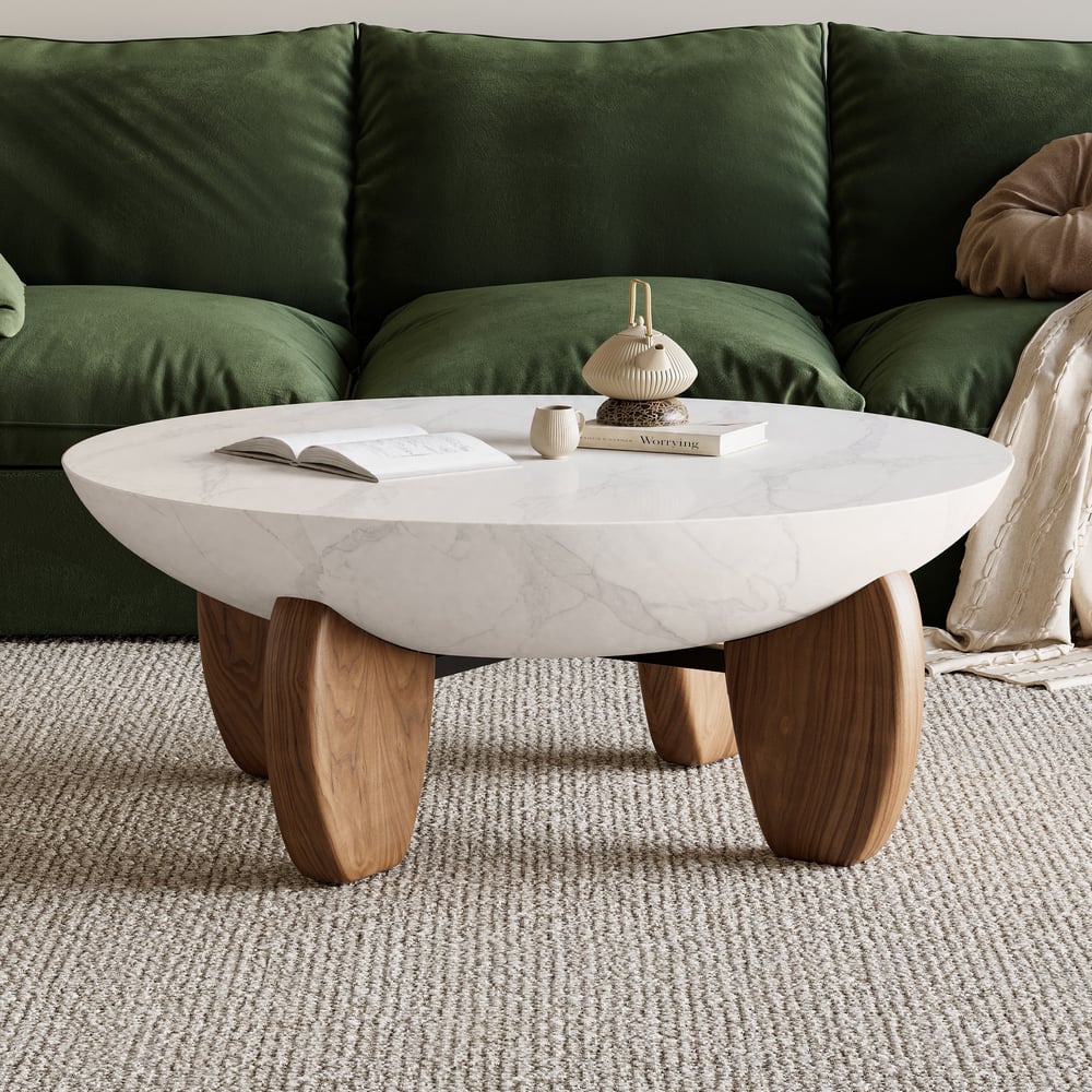 Curva 37" Round Concrete Walnut Coffee Table with Wood Legs window image