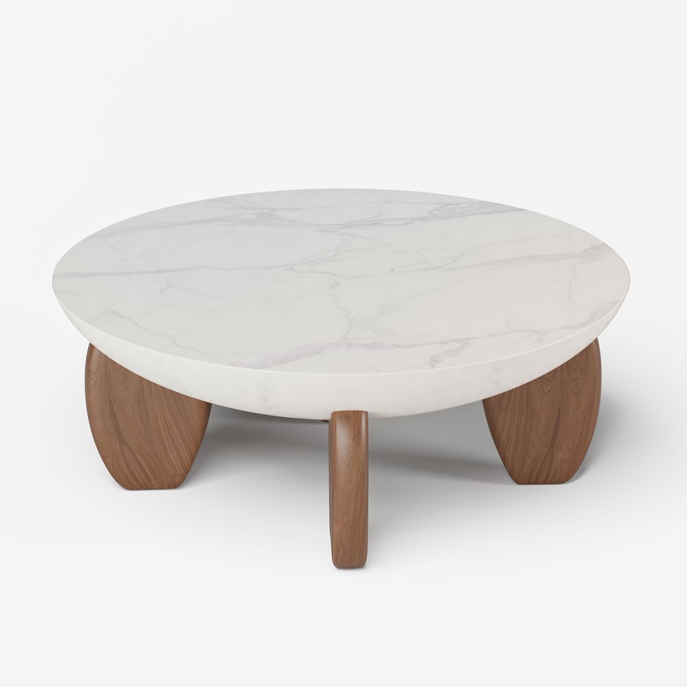 Curva 37" Round Concrete Walnut Coffee Table with Wood Legs window image